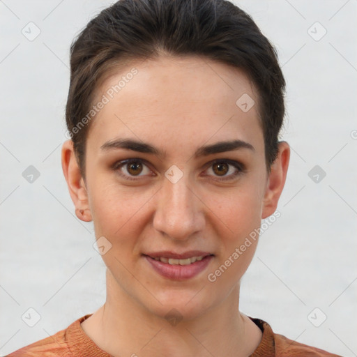 Joyful white young-adult female with short  brown hair and brown eyes