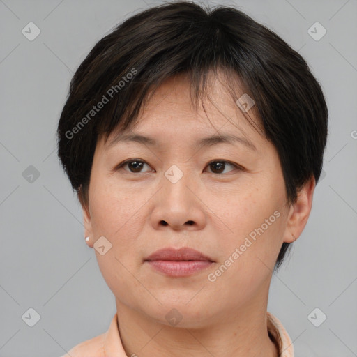 Joyful asian adult female with short  brown hair and brown eyes