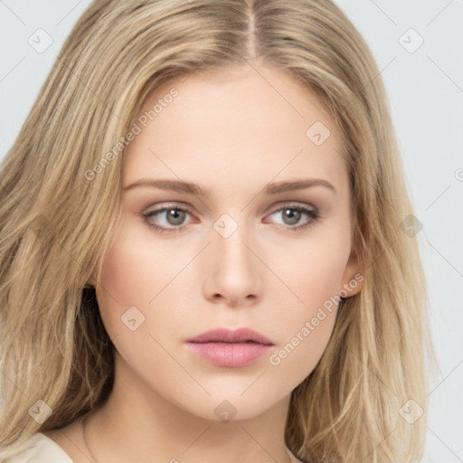 Neutral white young-adult female with long  brown hair and grey eyes