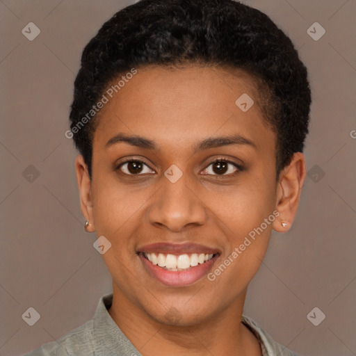 Joyful latino young-adult female with short  black hair and brown eyes