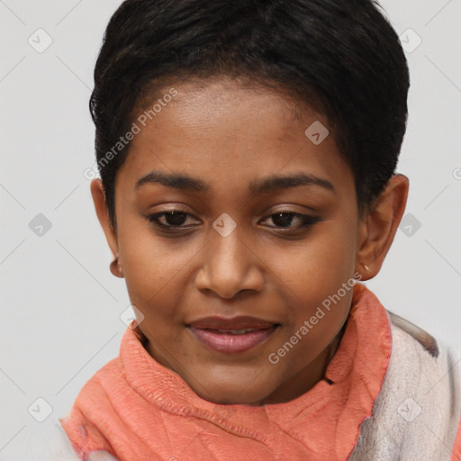 Joyful black young-adult female with short  black hair and brown eyes