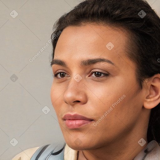 Neutral white young-adult female with short  brown hair and brown eyes