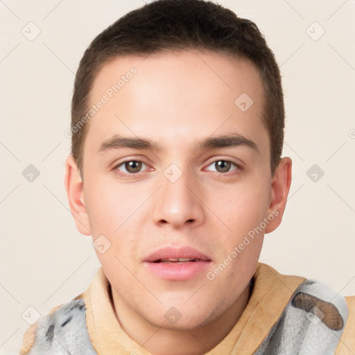 Neutral white young-adult male with short  brown hair and brown eyes