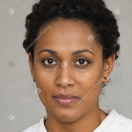 Neutral black young-adult female with short  brown hair and brown eyes