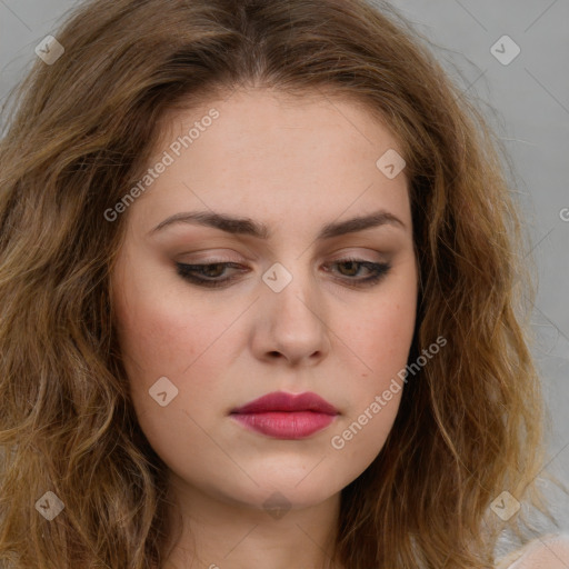 Neutral white young-adult female with long  brown hair and brown eyes