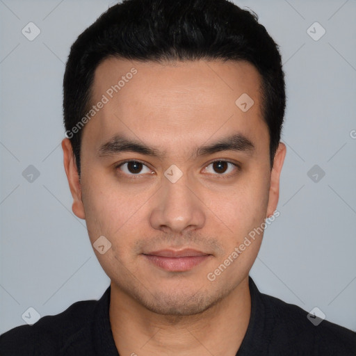 Neutral white young-adult male with short  black hair and brown eyes