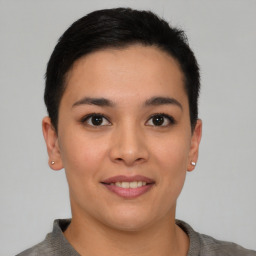 Joyful asian young-adult female with short  brown hair and brown eyes