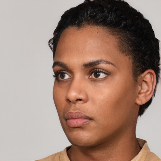 Neutral latino young-adult female with short  black hair and brown eyes
