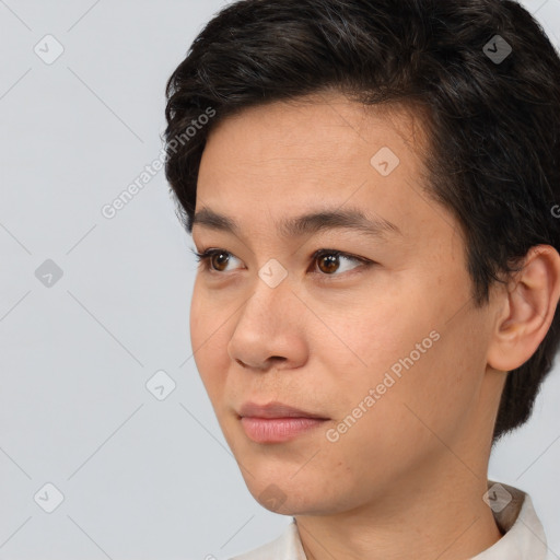 Neutral white young-adult male with short  brown hair and brown eyes