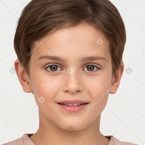 Joyful white child female with short  brown hair and brown eyes