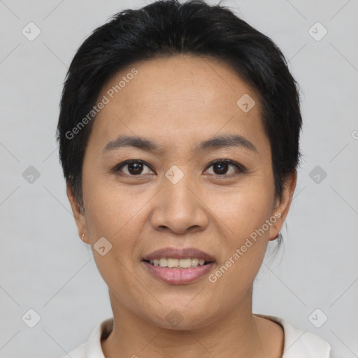 Joyful asian young-adult female with short  black hair and brown eyes