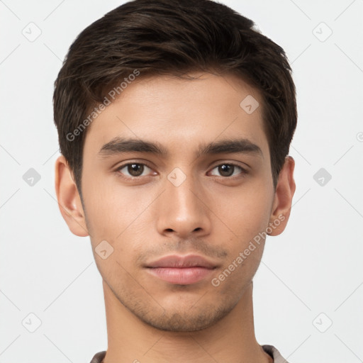 Neutral white young-adult male with short  brown hair and brown eyes