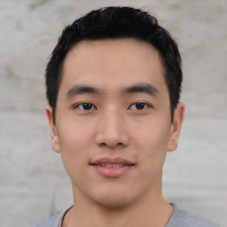 Neutral asian young-adult male with short  black hair and brown eyes