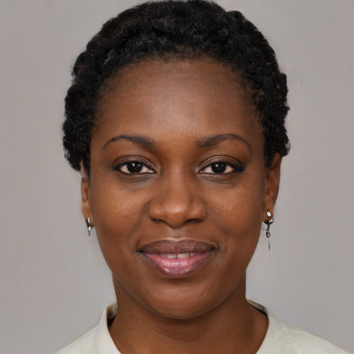 Joyful black young-adult female with short  black hair and brown eyes