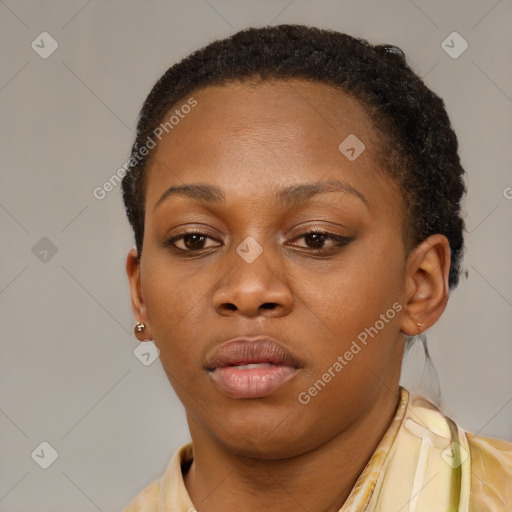 Neutral black young-adult female with short  brown hair and brown eyes