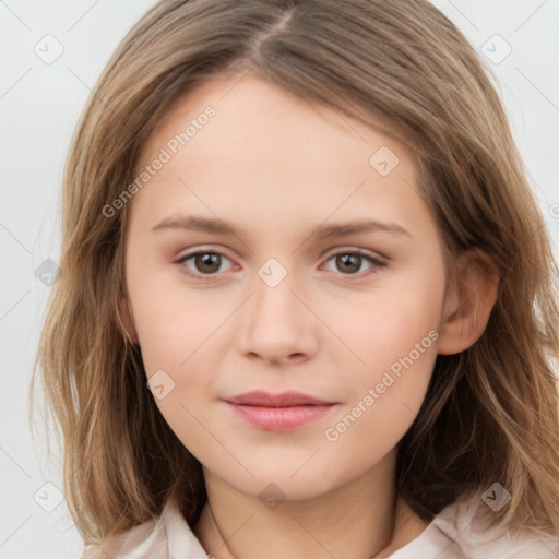 Joyful white child female with medium  brown hair and brown eyes