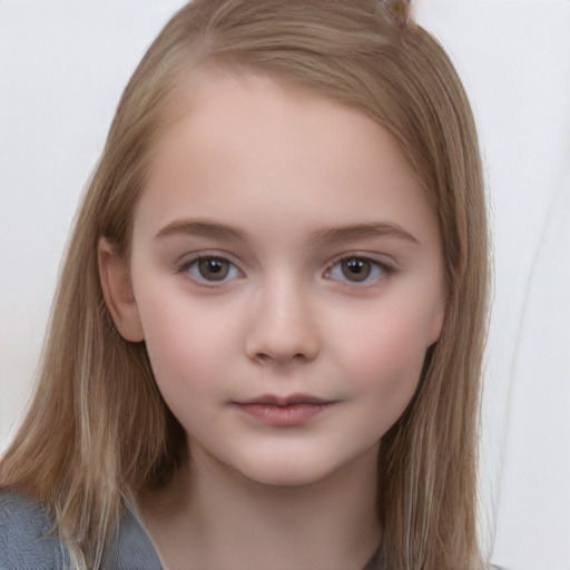 Neutral white child female with long  brown hair and grey eyes