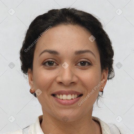 Joyful latino young-adult female with short  brown hair and brown eyes