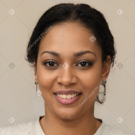 Joyful latino young-adult female with short  brown hair and brown eyes