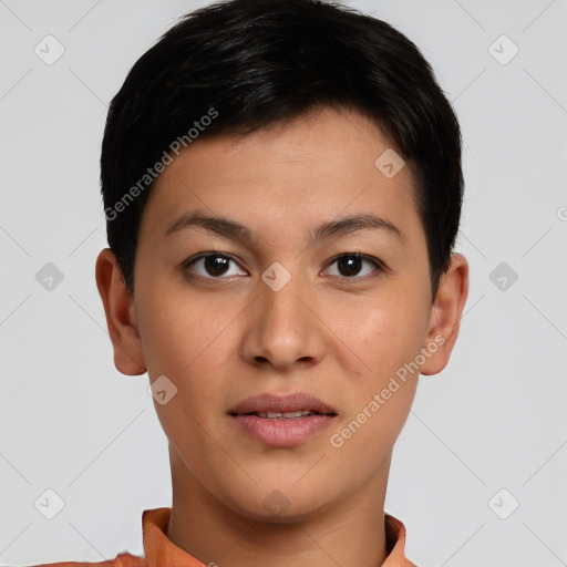 Joyful white young-adult female with short  brown hair and brown eyes