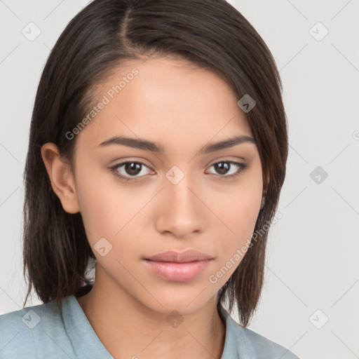 Neutral white young-adult female with medium  brown hair and brown eyes