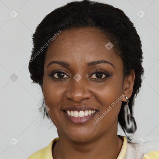 Joyful latino young-adult female with short  black hair and brown eyes