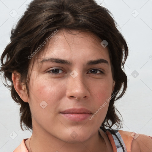 Neutral white young-adult female with medium  brown hair and brown eyes