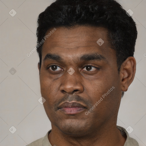 Neutral black young-adult male with short  black hair and brown eyes