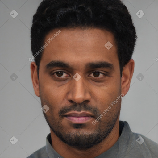 Neutral black young-adult male with short  black hair and brown eyes