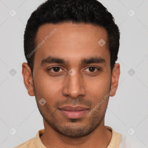 Neutral latino young-adult male with short  black hair and brown eyes