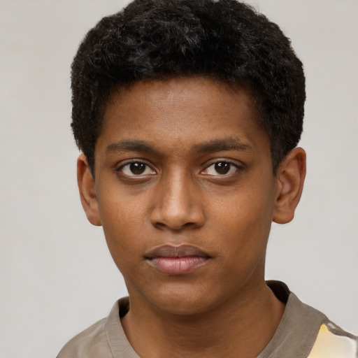 Neutral black young-adult male with short  black hair and brown eyes