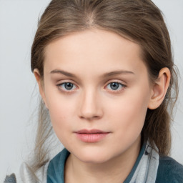 Neutral white child female with medium  brown hair and grey eyes