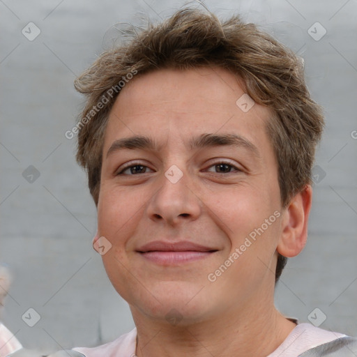 Joyful white adult female with short  brown hair and brown eyes
