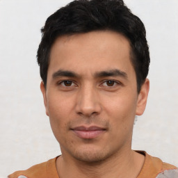 Neutral asian young-adult male with short  black hair and brown eyes