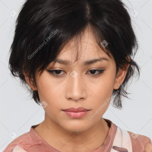 Neutral asian young-adult female with medium  brown hair and brown eyes