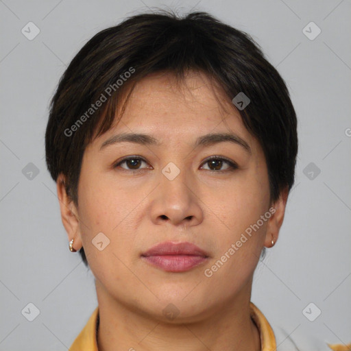 Neutral asian young-adult female with short  brown hair and brown eyes