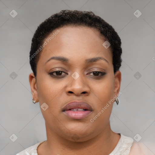 Neutral black young-adult female with short  brown hair and brown eyes