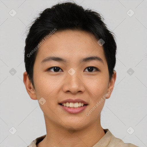 Joyful asian young-adult female with short  brown hair and brown eyes