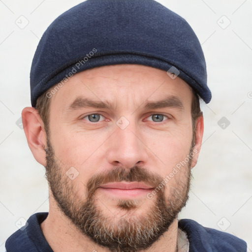 Neutral white young-adult male with short  brown hair and grey eyes