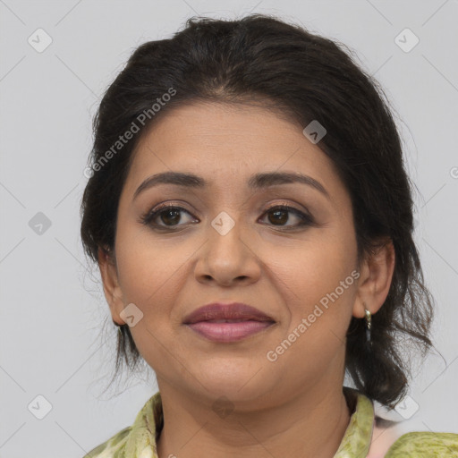 Joyful latino young-adult female with medium  brown hair and brown eyes