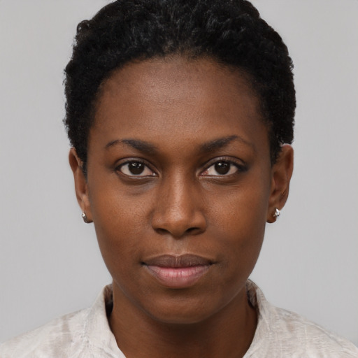 Neutral black young-adult female with short  black hair and brown eyes