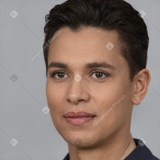 Joyful white young-adult male with short  brown hair and brown eyes