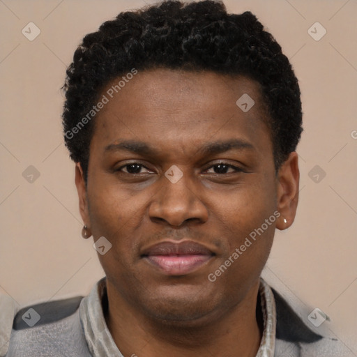 Neutral latino adult male with short  black hair and brown eyes