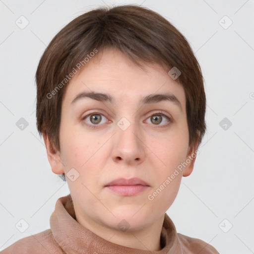 Neutral white young-adult female with short  brown hair and grey eyes