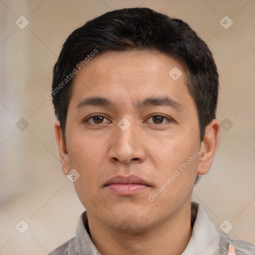 Neutral asian young-adult male with short  black hair and brown eyes