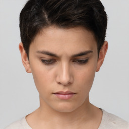 Neutral white young-adult female with short  brown hair and brown eyes