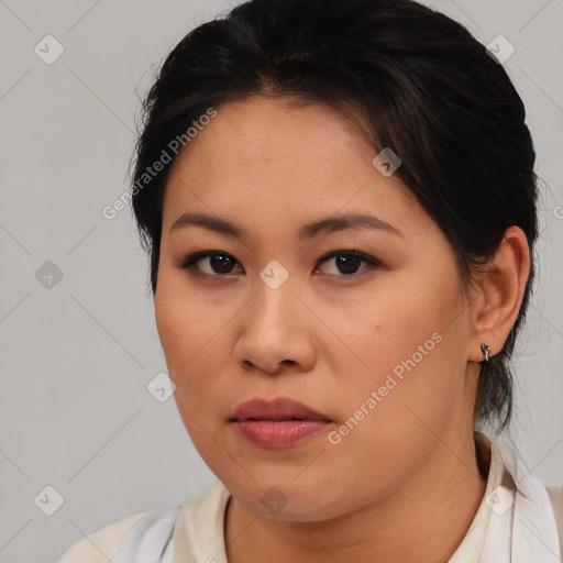 Neutral asian young-adult female with medium  brown hair and brown eyes