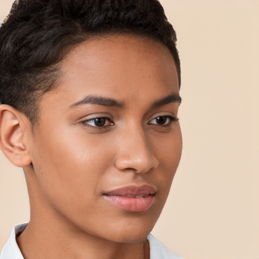 Neutral white young-adult female with short  brown hair and brown eyes