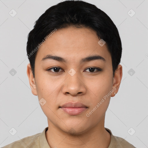 Neutral latino young-adult female with short  black hair and brown eyes