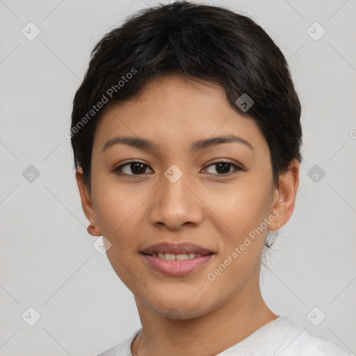 Joyful asian young-adult female with short  black hair and brown eyes